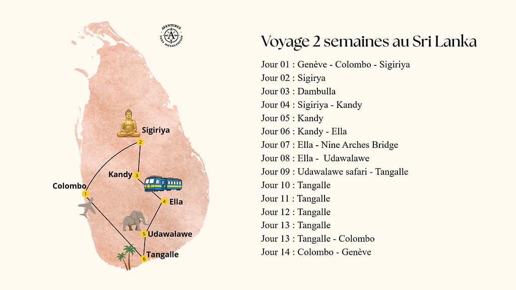 Sri Lanka itinéraire de 2 semaines de voyage au Sri Lanka : colombo sigiriya kandy ella udawalawe tangalle genève