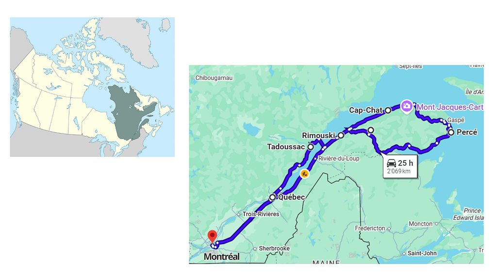 Comment préparer un road trip au Québec ? Carte de l’itinéraire de 14 jours entre Montréal, Québec, Tadoussac, Cap-Chat, Percé et Rimouski
