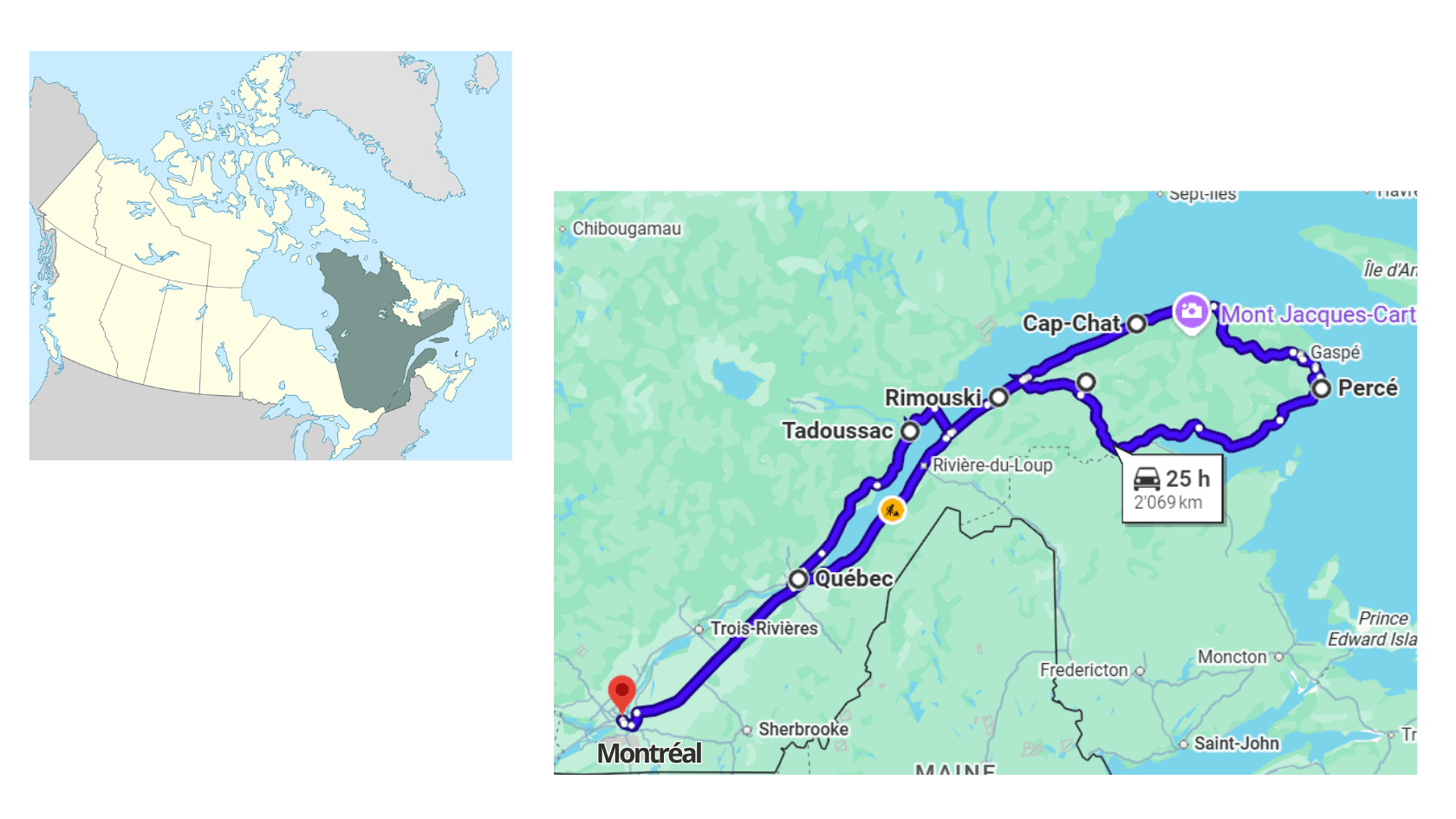 Road trip au Québec : itinéraire de 2 semaines de Montréal à la Gaspésie Carte de l’itinéraire de 14 jours entre Montréal, Québec, Tadoussac, Cap-Chat, Percé et Rimouski