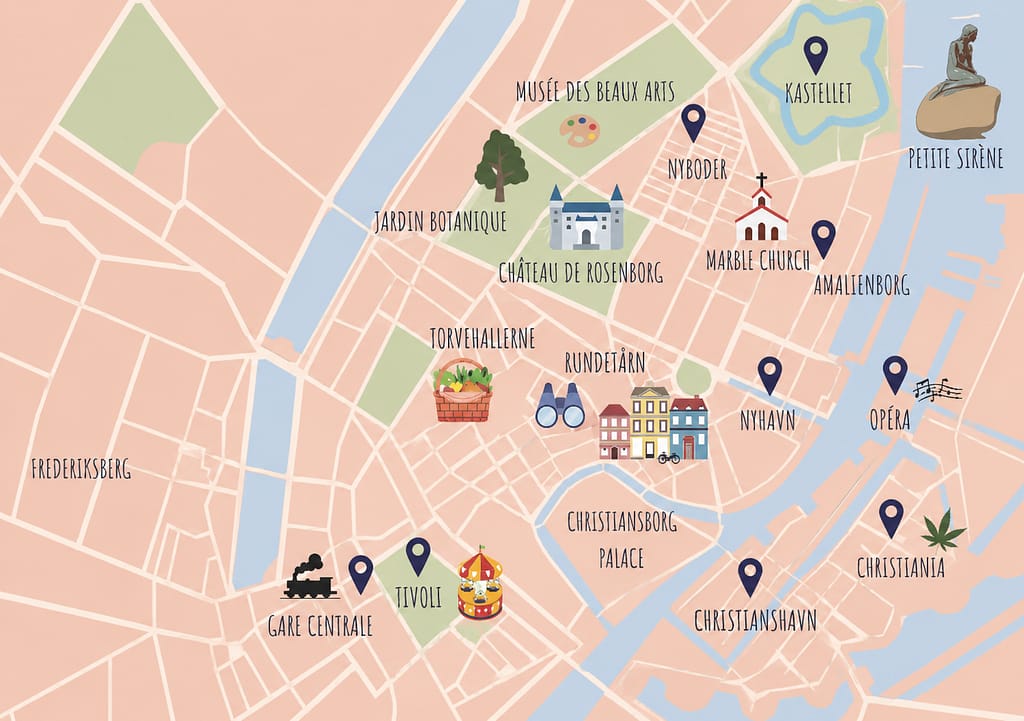 Visiter Copenhague en 4 jours en hiver : itinéraire complet, budget et conseils carte de notre itinéraire et incontournables à Copenhague au Danemark