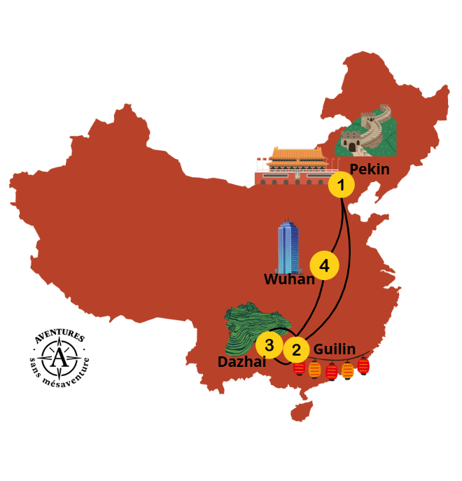 Itinéraire Chine 2 semaines : notre circuit de 15 jours sans agence entre Pékin, Guilin, Longji et Wuhan carte circuit 15 jours en chine