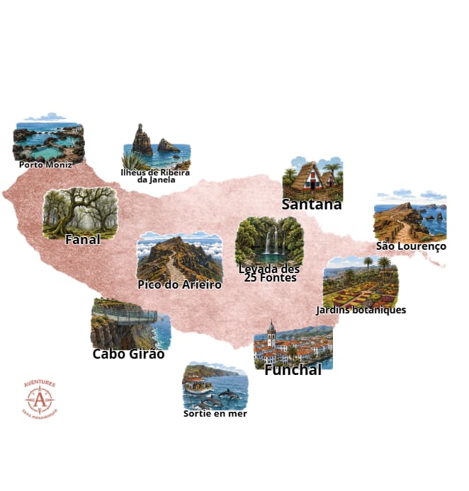 Itinéraire Madère une semaine : road trip de 7 jours entre Funchal et São Vicente itinéraire une semaine road trip à Madère carte des incontournables